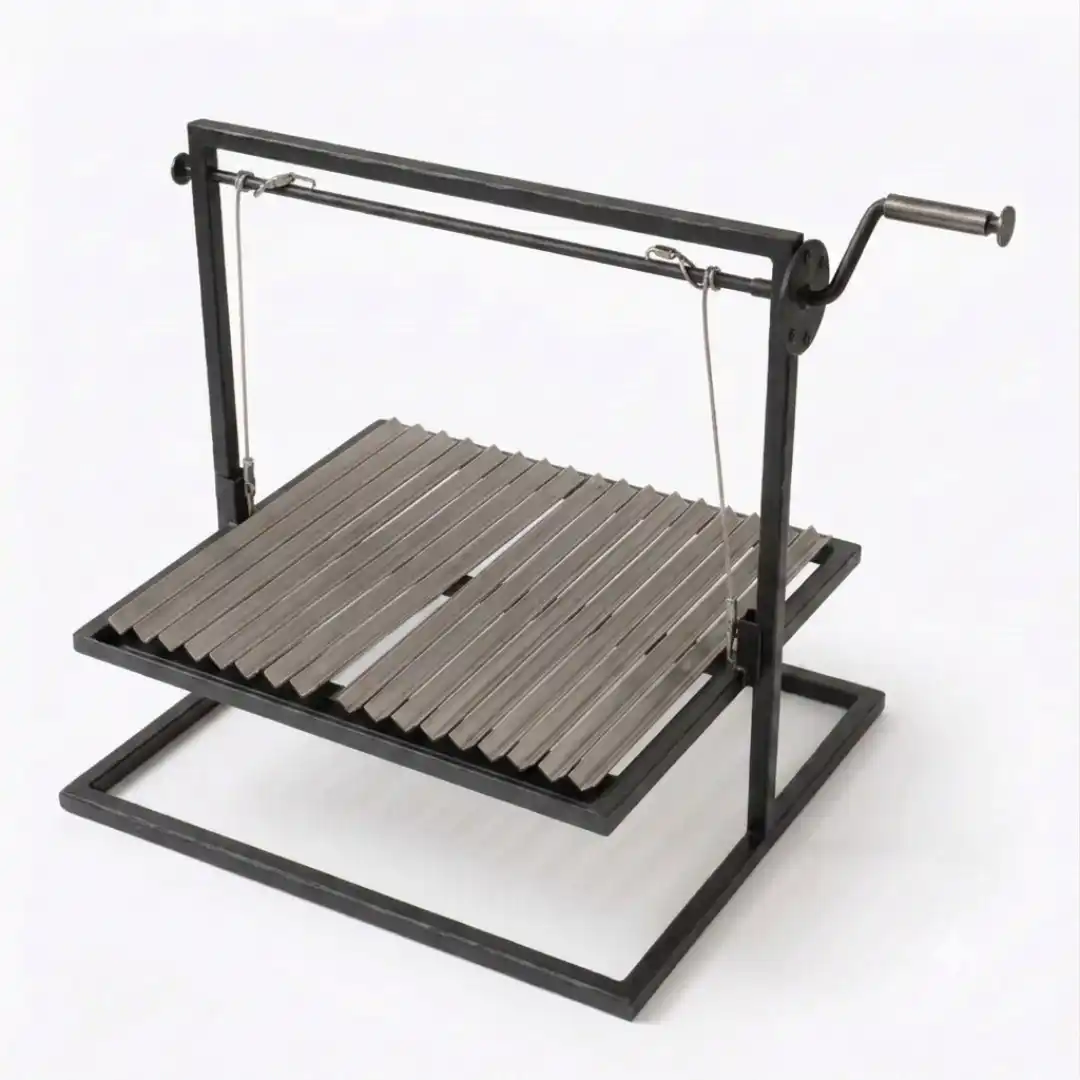 parrillas en forma de V y acumulador desmontables de acero inoxidable, en un marco con base y mecanismo de ajuste de altura lateral manual de de fierro pintado para altas temperaturas. · cb-4-5 · Reino Parrilla