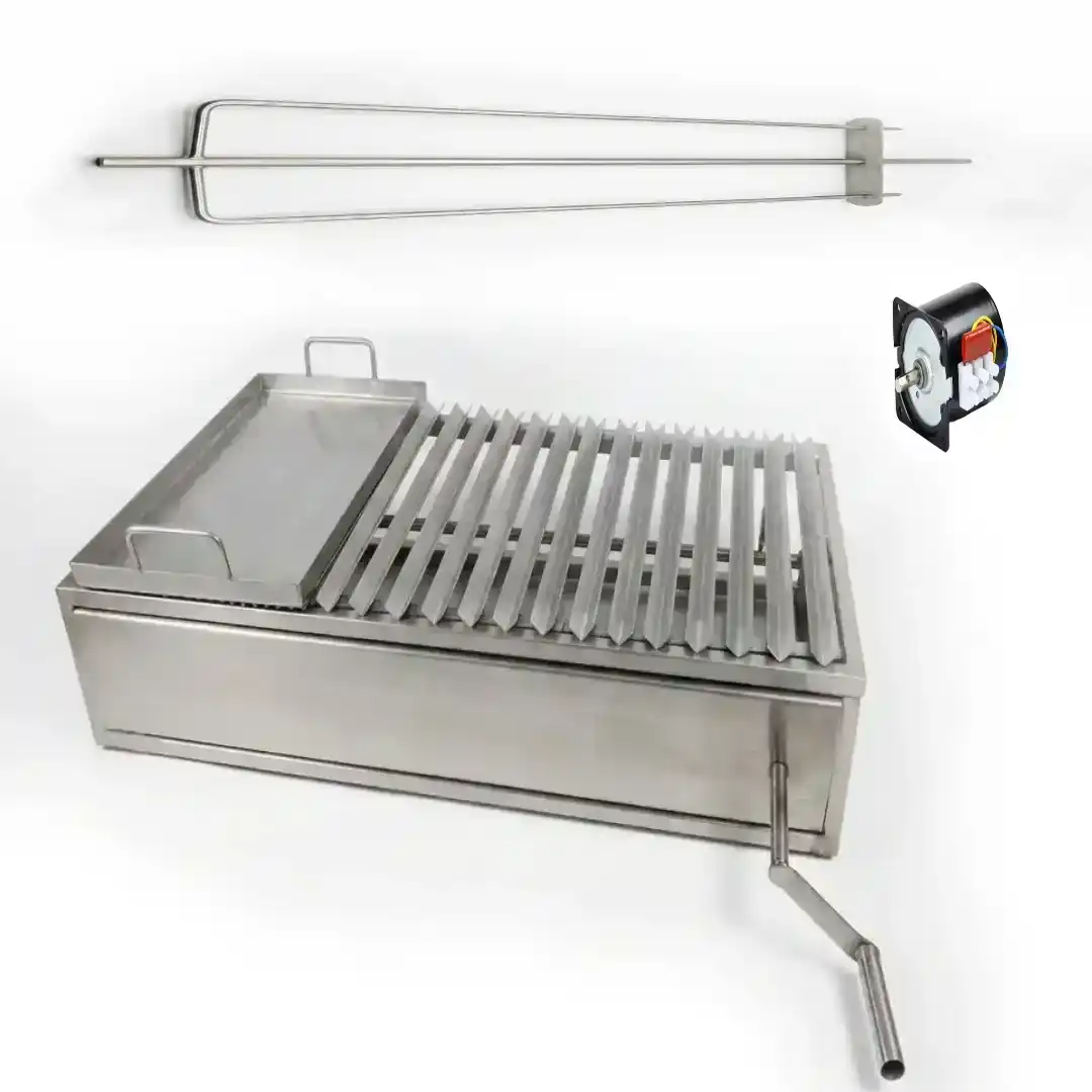Unas parrillas de àngulo doblado en forma de V, churrasquera en marco con base alza parrilla frontal de acero inoxidable, un asador spiedo con . · cb-58 · Reino Parrilla
