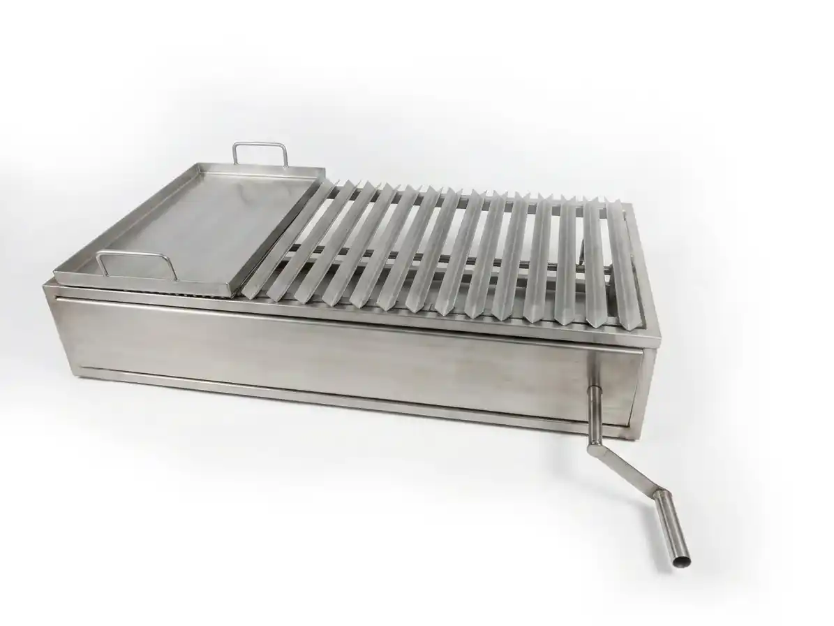 Unas parrillas de àngulo doblado en forma de V y churrasquera en marco con base alza parrilla frontal de acero inoxidable. · cb-59 · Reino Parrilla