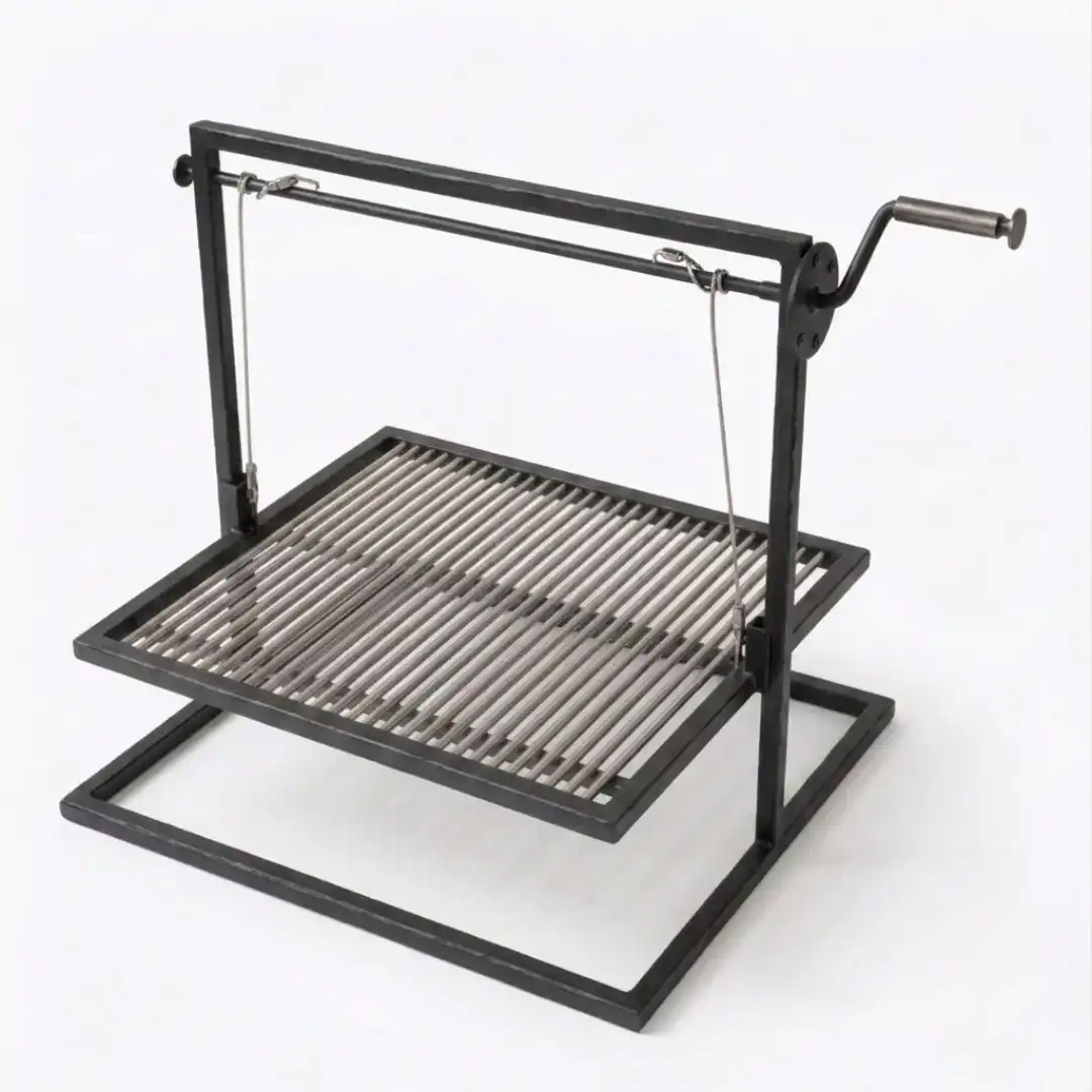parrillas de barra maciza redonda de acero inoxidable, en un marco con base y mecanismo de ajuste de altura lateral manual de fierro pintado para altas temperaturas. · cb-4-1 · Reino Parrilla